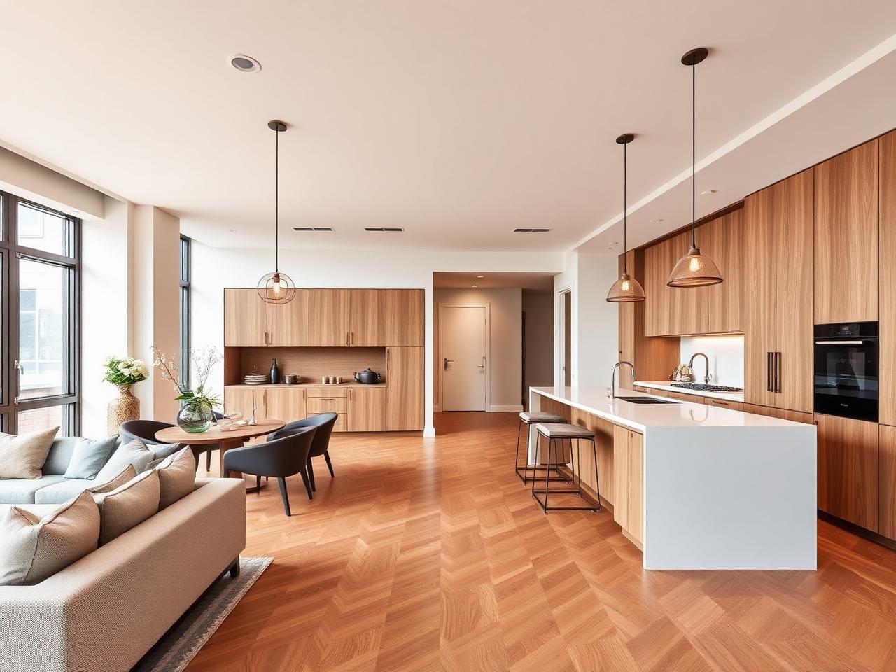 Open-plan luxury residence with custom cabinetry and designer lighting